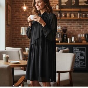 NWT H & M Plisse Tie Neck Dress Black Swing Sheer Lined Flowing Pin Tuck SZ L